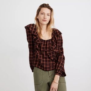 NWT Madewell ruffled Square neck plaid top size xs